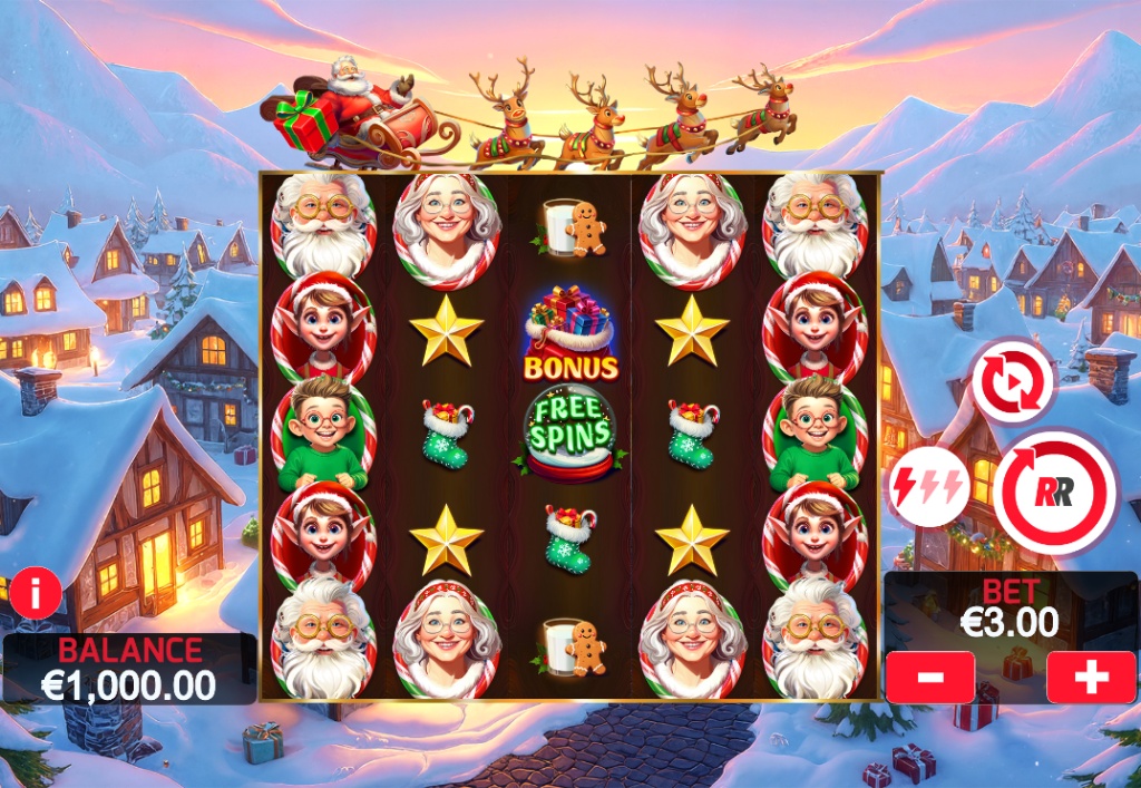 Christmas Wins 2 slot base game interface showing 5x5 grid with Santa, elves, and sticky multiplier gifts on top.