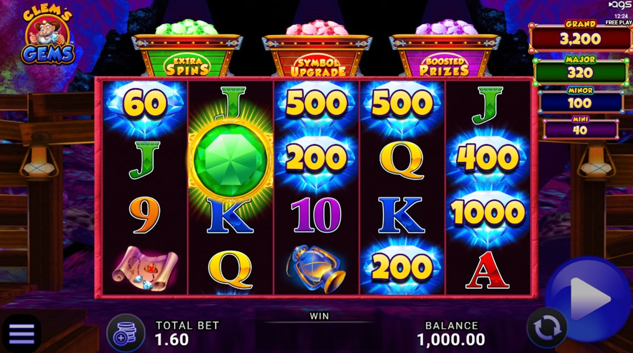 Clem's Gems slot base game interface showing 5 reels, mining symbols, and three bonus carts above the grid.