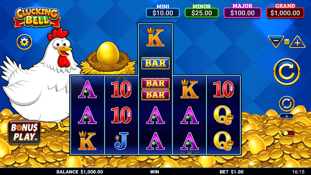 The main game screen of the Clucking Bell slot demo, showing the 5-reel layout and farm theme.