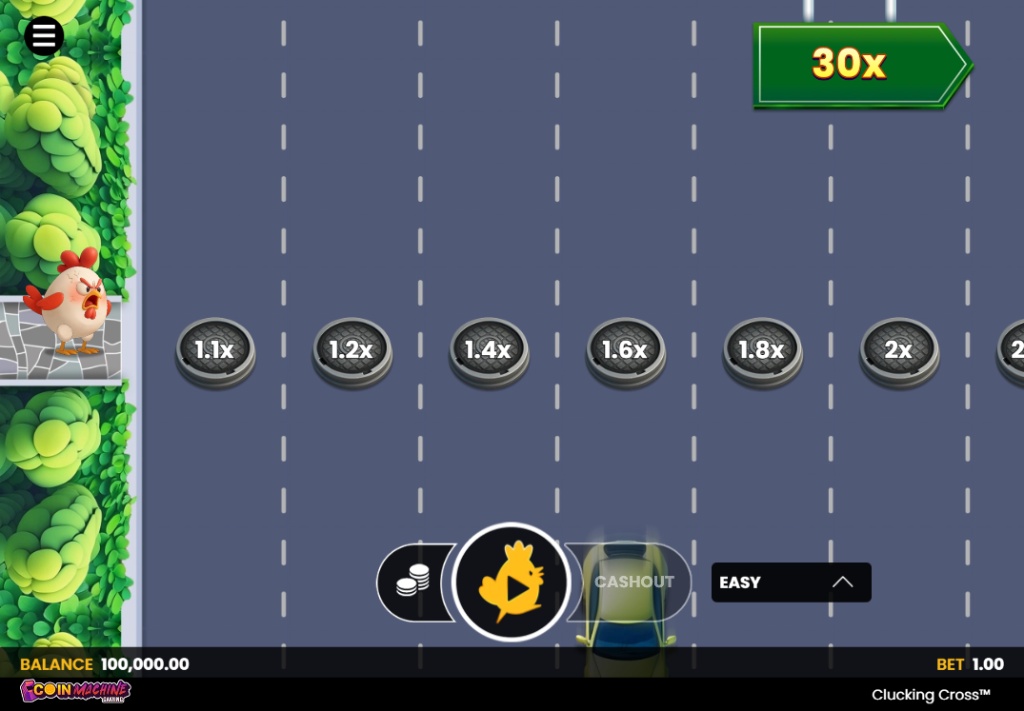 Clucking Cross main game interface showing chicken character and highway lanes