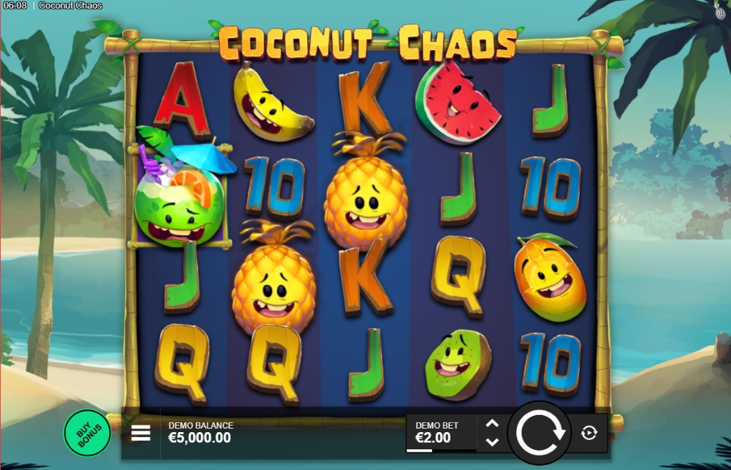 The 5x4 main game grid of the Coconut Chaos slot, showing the tropical beach background and various cartoon fruit symbols.