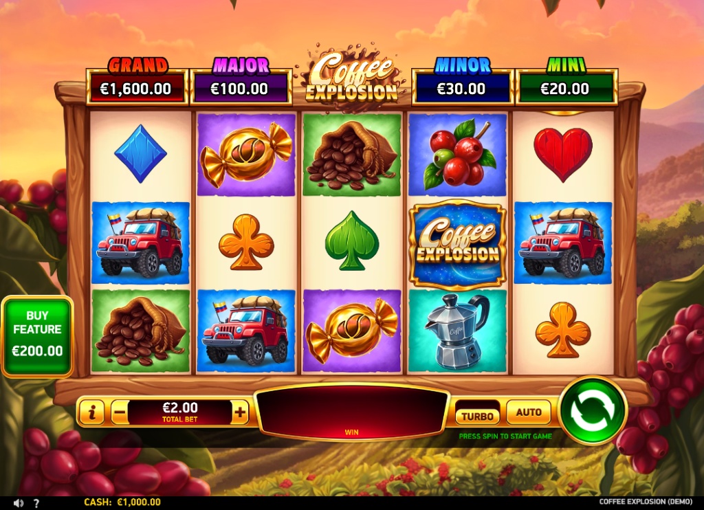 The main 5x3 game grid of the Coffee Explosion slot, set against a peaceful coffee plantation backdrop.