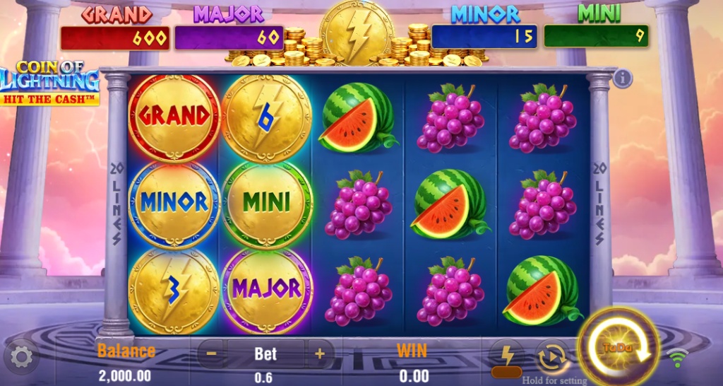 Coin of Lightning slot base game grid by TaDa Gaming showing 5 reels and Greek pillars.
