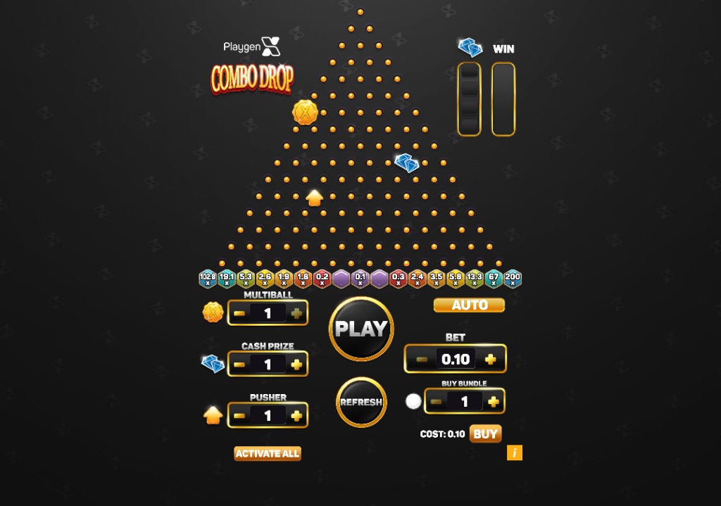 game board of the Combo Drop demo, showing the pin pyramid and multiplier buckets.