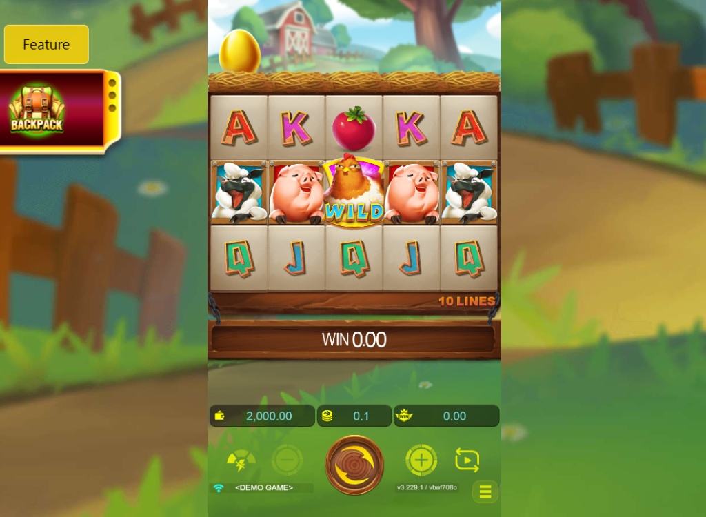 CooCoo Farm slot base game 5x3 grid with farm animal symbols and Golden Egg on top.