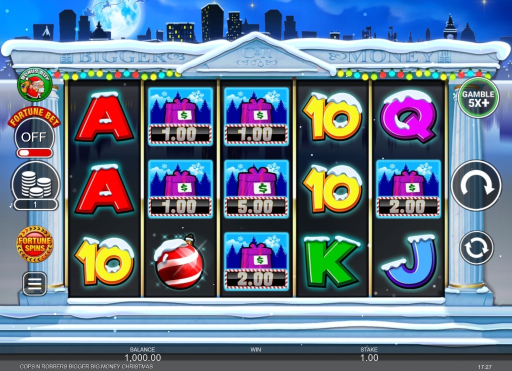 Base game reels of Cops 'n' Robbers Bigger Big Money Christmas slot showing festive swag bags and snowy background.