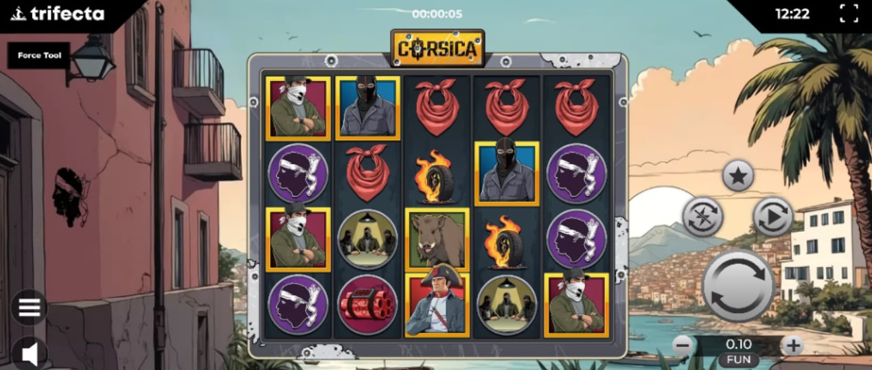 Corsica slot base game interface showing 5x4 grid, Mediterranean town background, and revolutionary themed symbols like burning tires and masked rebels.