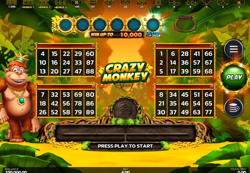 The main game screen of the Crazy Monkey demo, showing the four bingo cards and the monkey character.