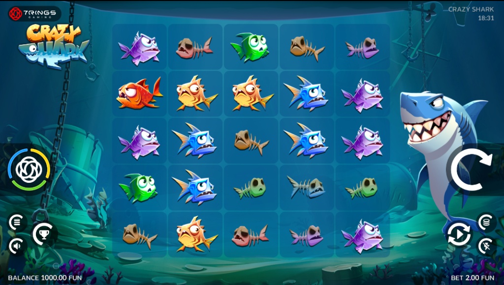 The 5x5 game grid of the Crazy Shark slot, showing the underwater theme and various fish symbols.