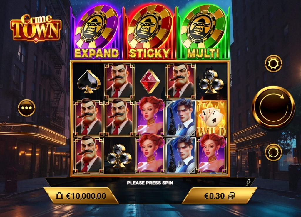 Crime Town slot base game view showing the 5x3 reel layout, character symbols, and the three bonus chips above.
