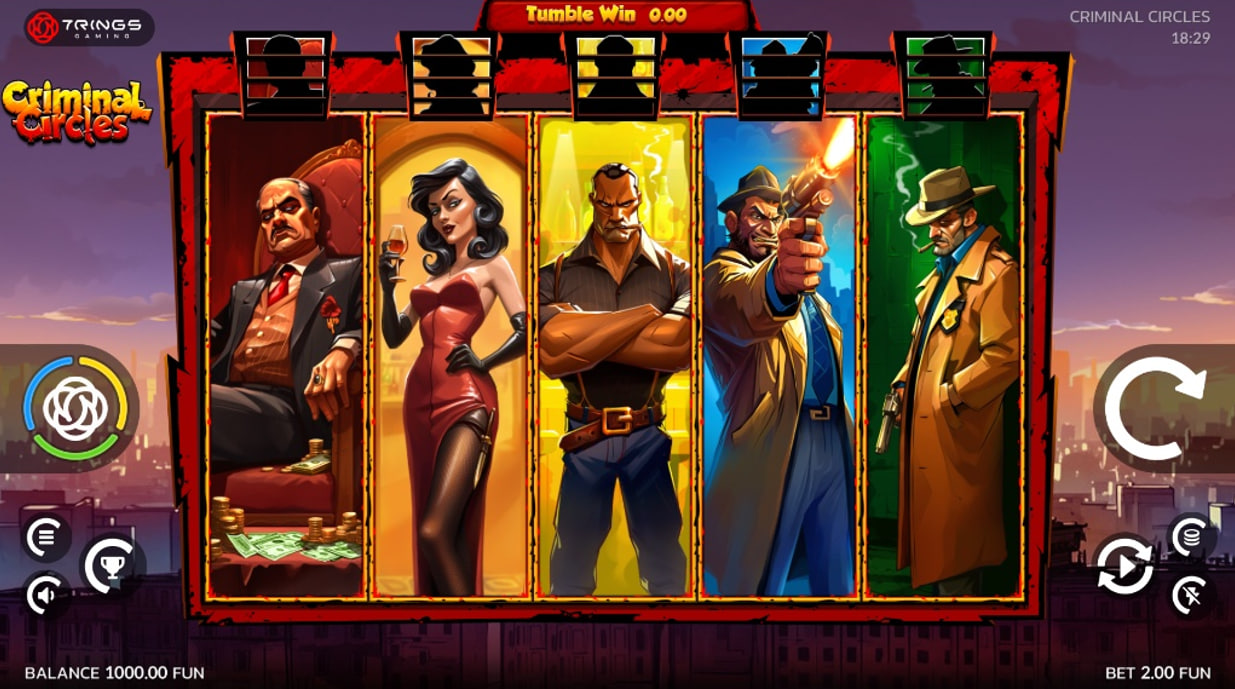 The main 5x3 game screen of the Criminal Circles slot, showing the reels and the Activator Cells above them.
