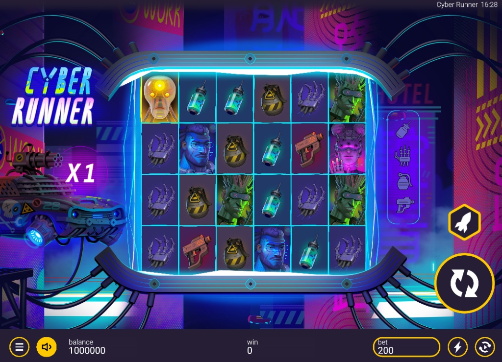 The 6x4 main game grid of the Cyber Runner slot, set against a neon-lit city backdrop.