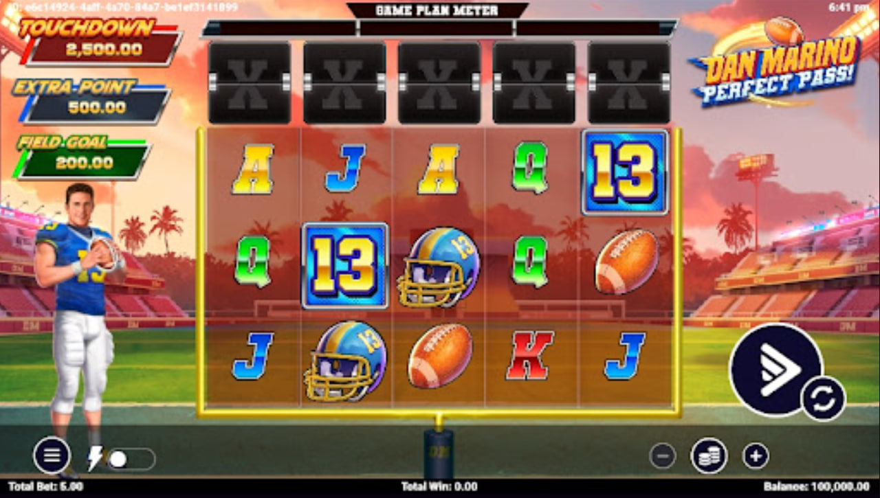 Dan Marino Perfect Pass slot base game view showing the 5x3 grid and stadium background.