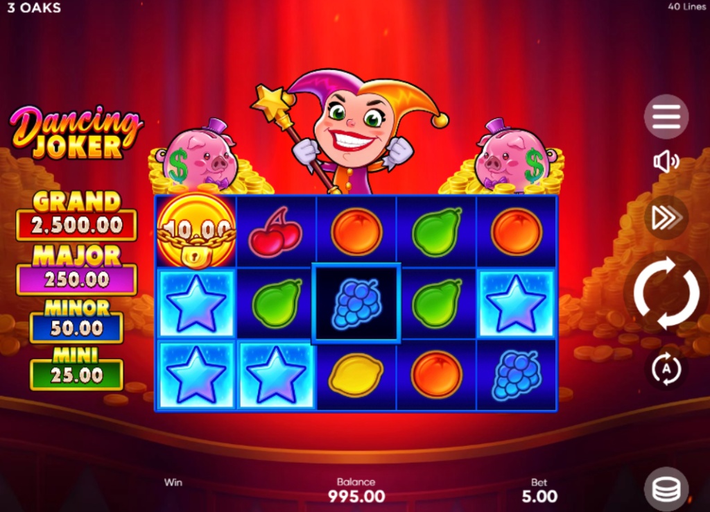 Dancing Joker slot base game 5x4 grid with fruit symbols and center wild position.