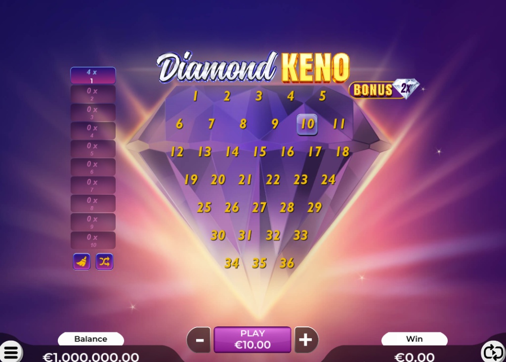 Diamond Keno main gameplay screen showing the 36-number diamond grid and purple starry background.