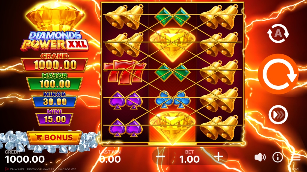 The 5x4 main game grid of Diamonds Power XXL, showing the classic 7, Bell, and card suit symbols.