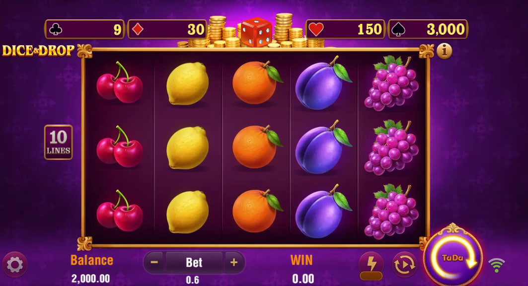 Dice & Drop slot base game by TaDa Gaming featuring a 5x3 grid with lemon, orange, and plum symbols on a purple background.