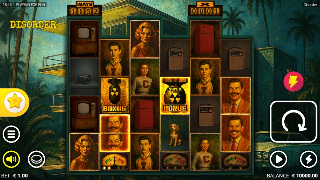 Disorder slot base game interface showing the 5-reel grid and 1950s dystopian setting.