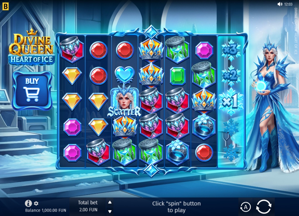 Divine Queen Heart of Ice slot base game interface showing 6x5 grid and icy background.