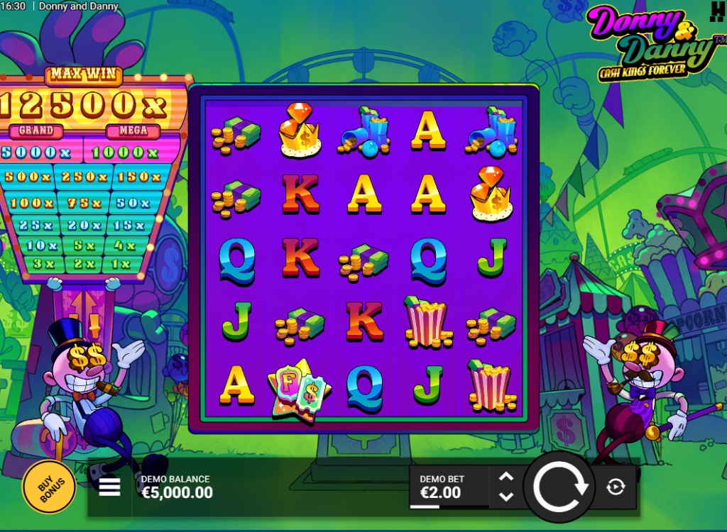 Donny & Danny slot demo base game grid, showing the 5x4 layout, Cash Board, and cartoon characters.