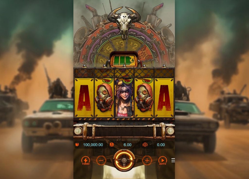 Doomsday Rampage slot base game interface showing 5 reels and the single payline mechanic with desert background.