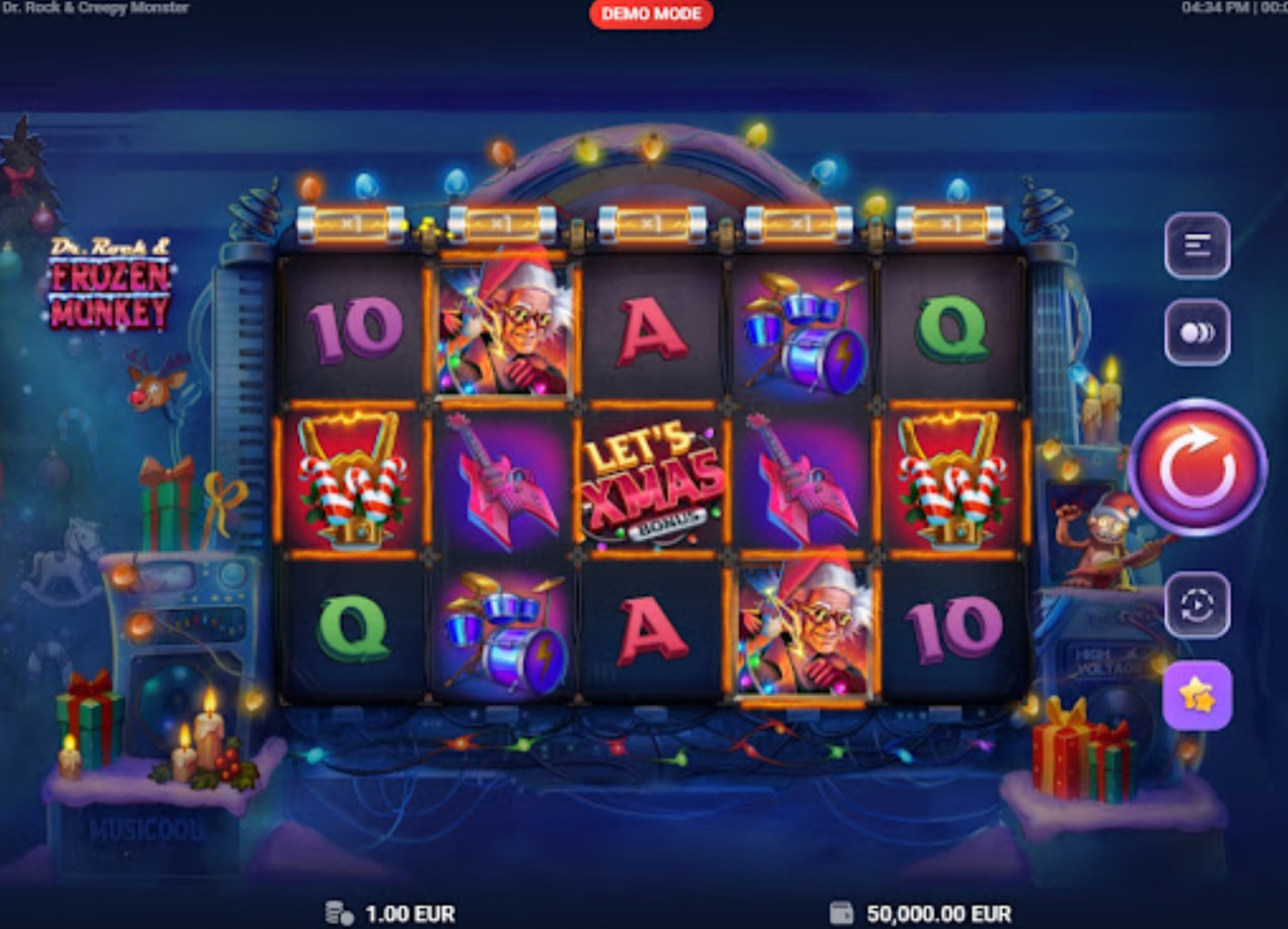 Dr. Rock & Creepy Monster base game grid, showing the 5-reel layout and high-energy lab theme.