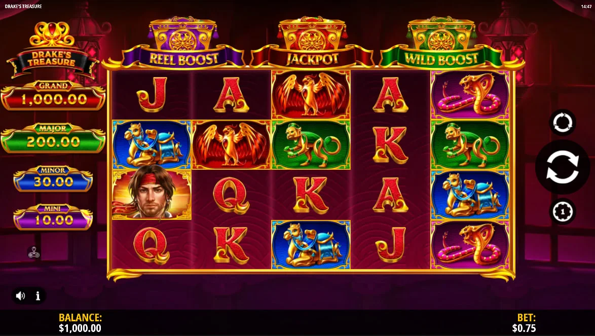 Drake's Treasure main game screen showing the 5x4 grid and four fixed jackpot meters for Grand, Major, Minor, and Mini prizes.