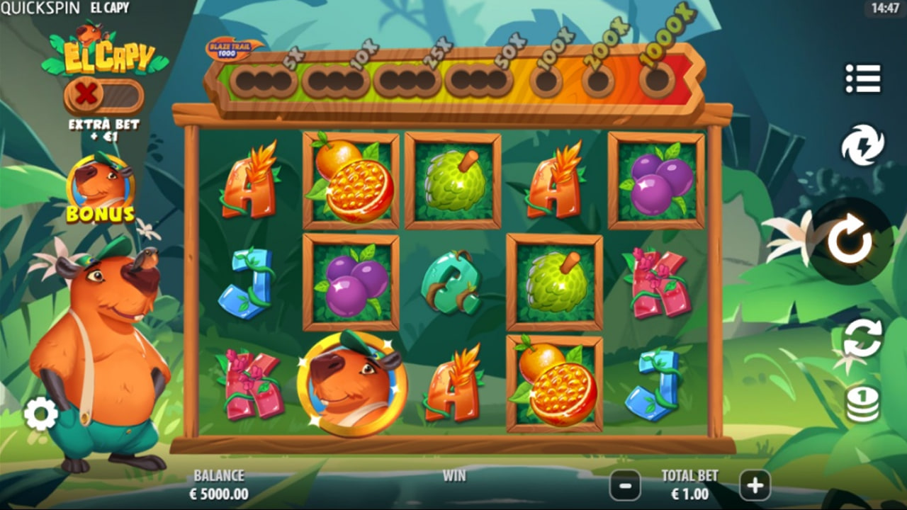 El Capy slot base game layout showing the 5x3 reel grid, the capybara character, and the Blaze Trail 1000 prize meter.
