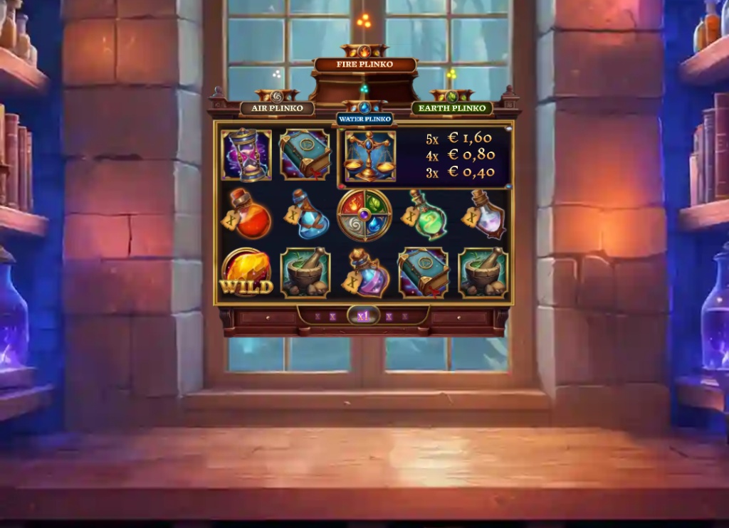 Base game grid of Elemental Fusion slot by Spinmatic showing potions and spellbooks on a 5x4 layout.