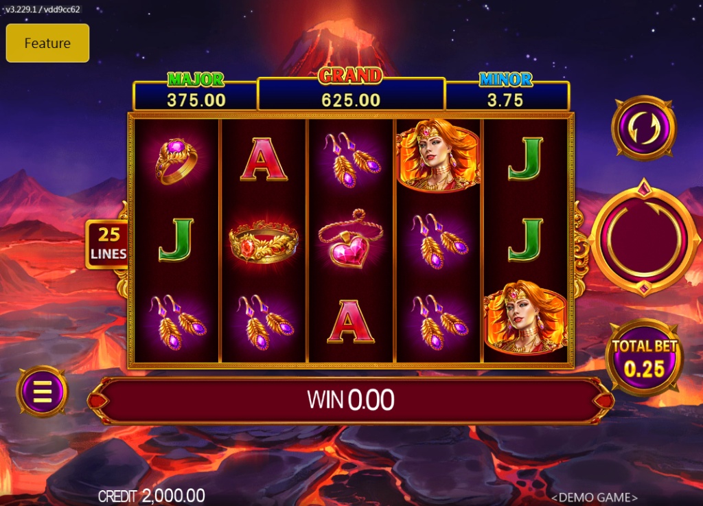 Elemental Link Fire slot base game interface showing 5x3 grid, volcano background, and high-value jewelry symbols.