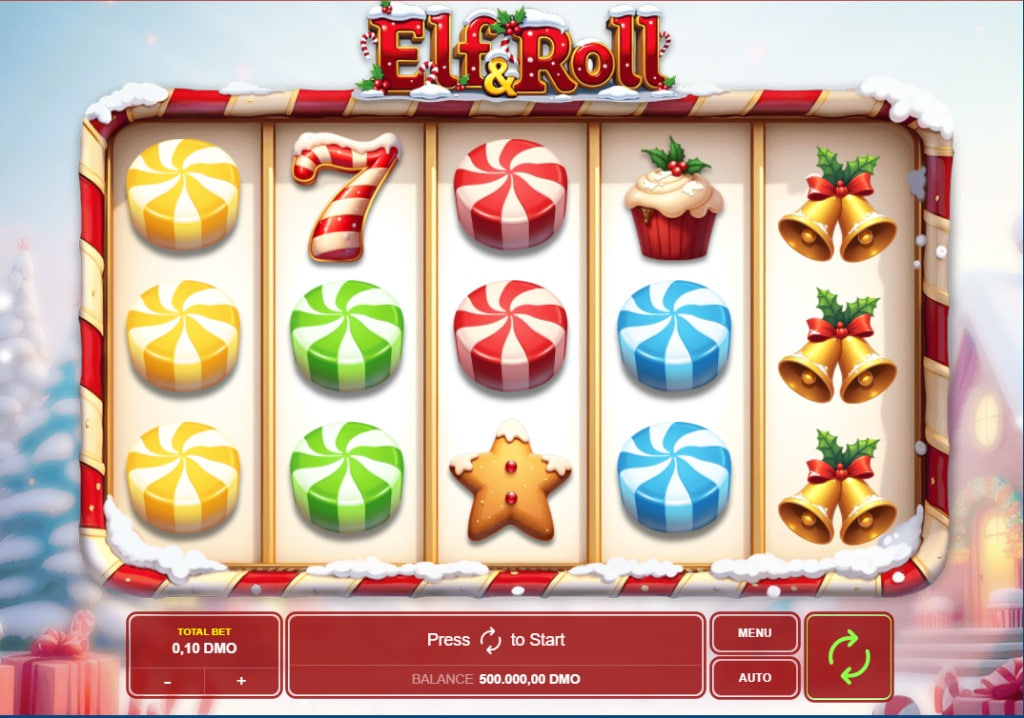 Elf & Roll slot demo base game view with 5x3 reels and candy symbols.