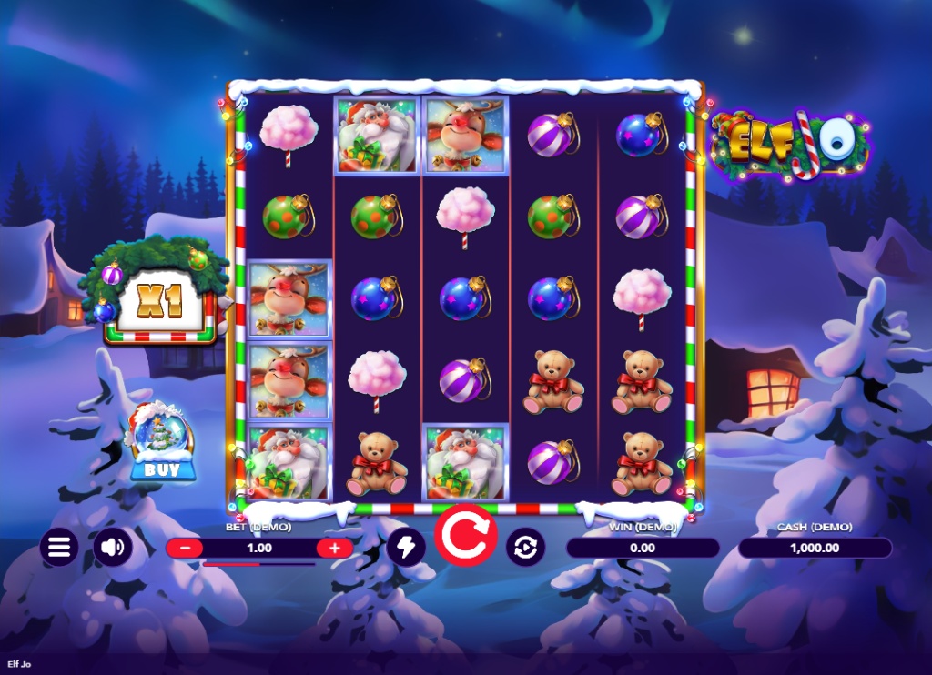 Elf Jo slot base game interface showing 5x4 grid and Christmas symbols.