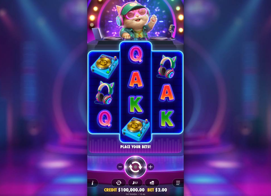 Fat Panda slot base game view showing the 5x3 reel layout, DJ character, and neon symbols.