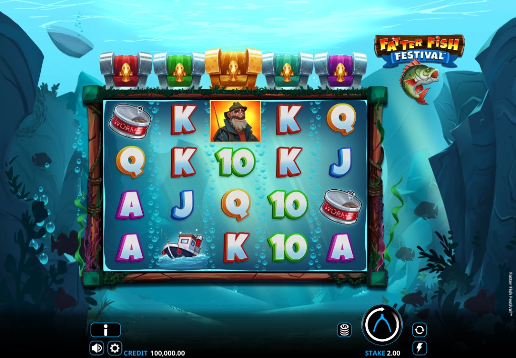 Fatter Fish Festival slot base game by Wishbone showing 5x3 reels and prize chests.