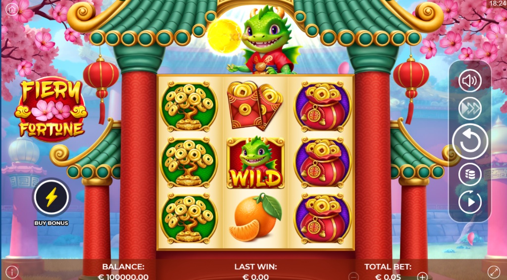 Fiery Fortune slot main game 3x3 grid with cherry blossoms background and dragon character.