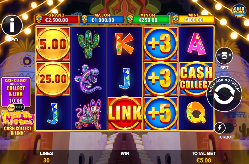Fiesta Mistica slot base game interface showing 5 reels, 3 rows, and Day of the Dead symbols.