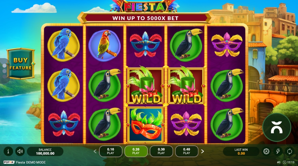 Main 5x3 gaming grid of Fiesta slot by PopOK Gaming featuring colorful bird symbols and masks set against a Rio de Janeiro backdrop.