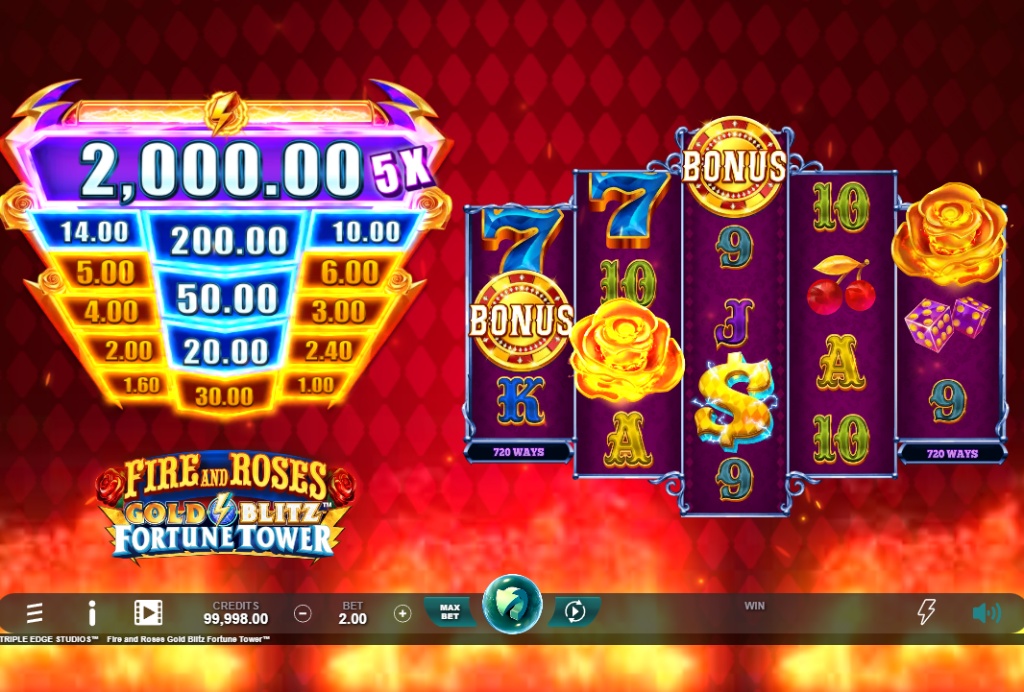 The main 3-4-5-4-3 reel layout of the Fire and Roses Gold Blitz Fortune Tower demo, showing the jackpot tower on the left.