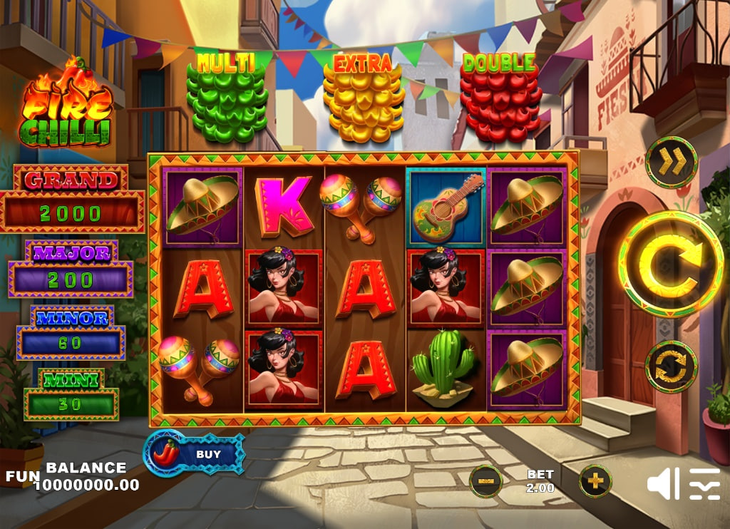 Fire Chilli random wild feature activated with fire animation covering the reels and adding Mariachi wild symbols.
