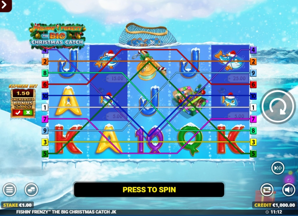 Main 5x3 reel grid of Fishin' Frenzy The Big Christmas Catch slot set against a frozen lake background with snow-capped royal symbols.