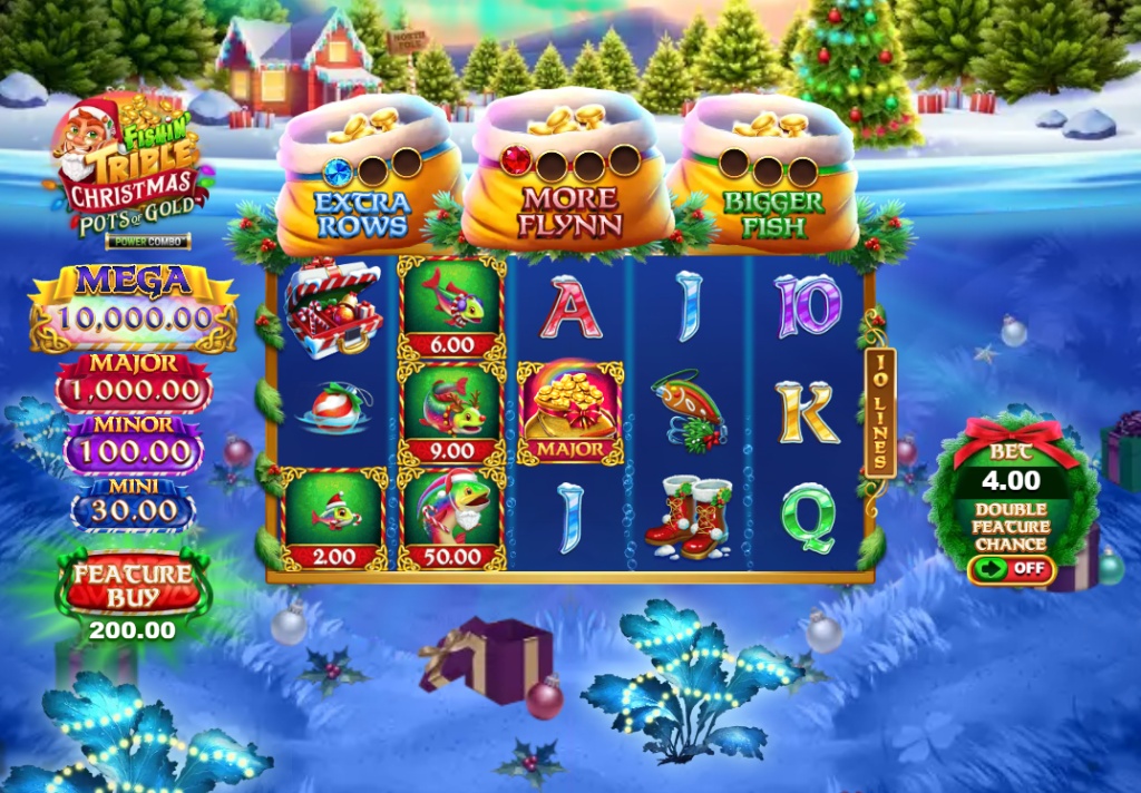 Fishin' Triple Christmas Pots of Gold Power Combo slot base game reels with 5x3 grid and three colored pots above.