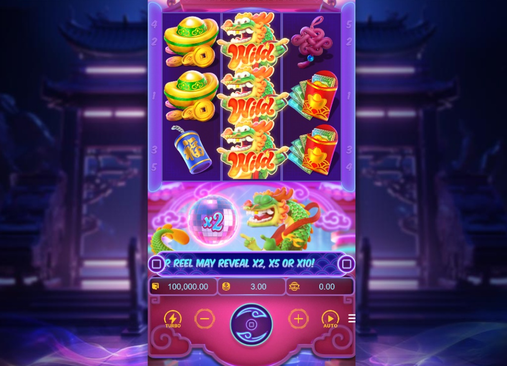 Fortune Dragon slot base game featuring a 3x3 grid, Asian themed symbols, and the active Multiplier Reel at the bottom.