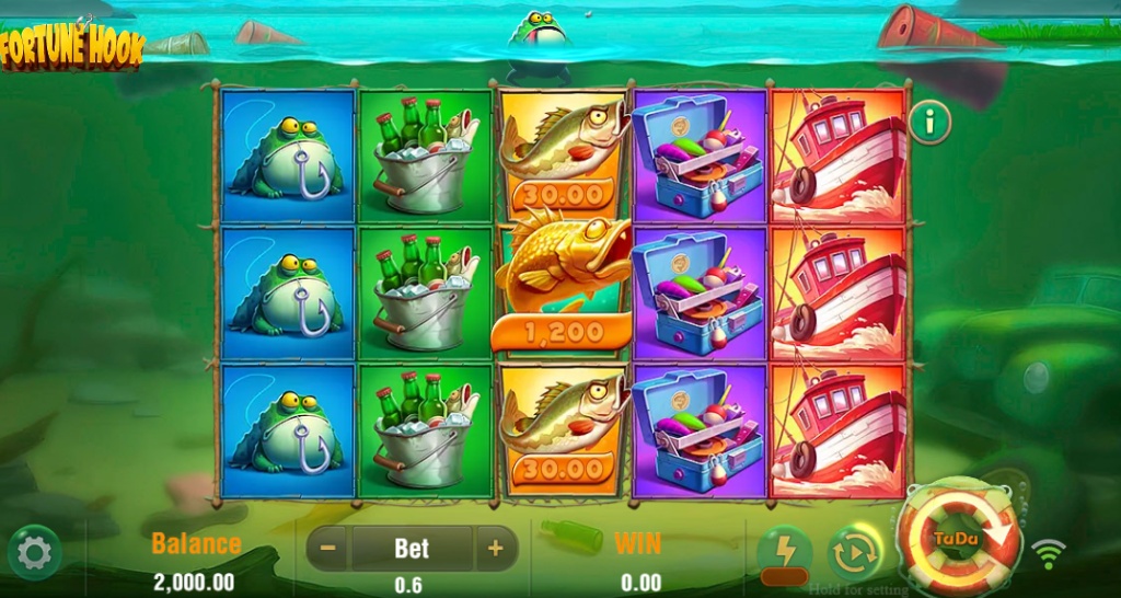 Fortune Hook slot base game 5x3 grid set underwater with high-paying frog and tackle box symbols on the reels.