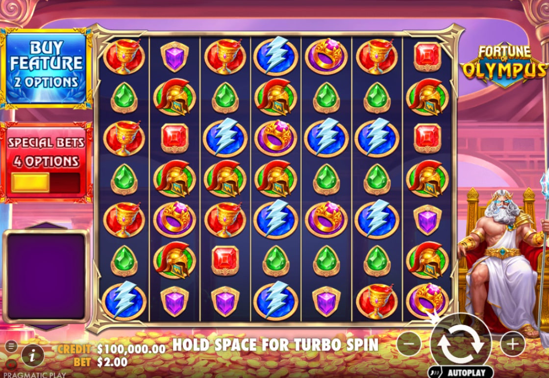 Main 7x7 grid interface of Fortune of Olympus slot by Pragmatic Play featuring Zeus and gem symbols.