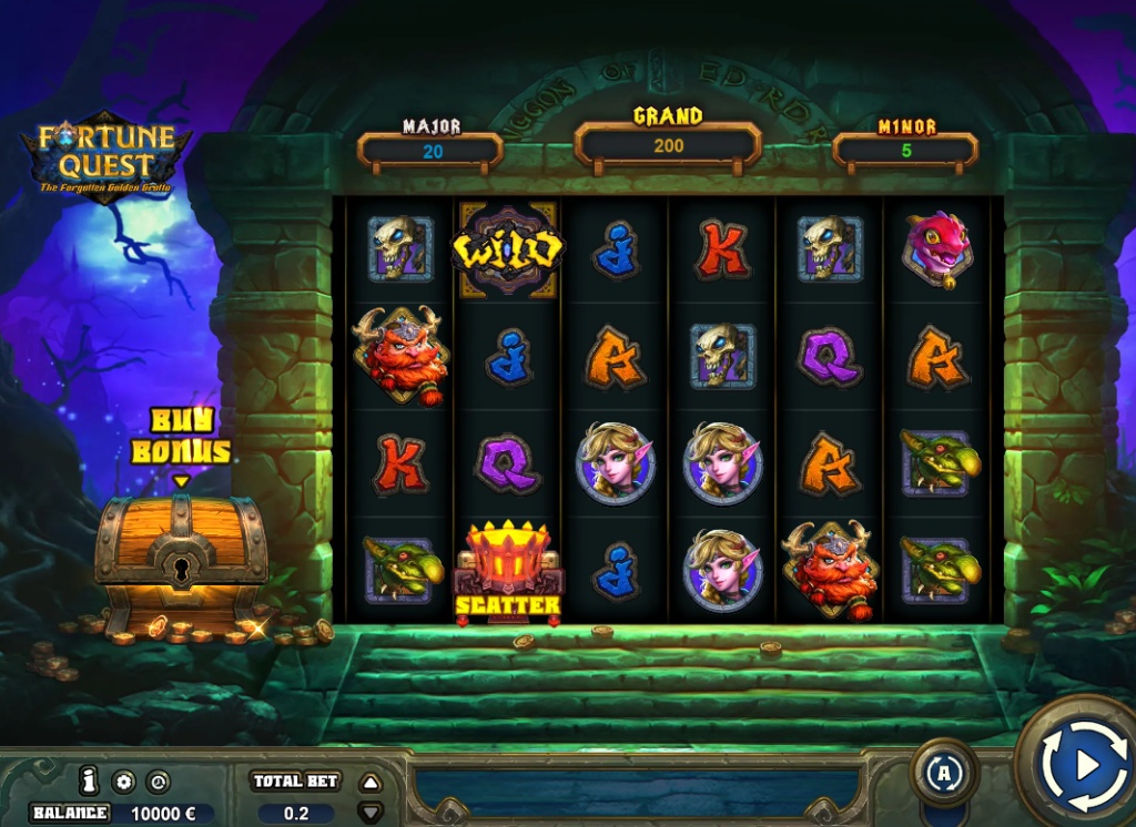 The main 6x5 game grid of the Fortune Quest slot, showing the fantasy-themed grotto setting and the reel 6 collector position.
