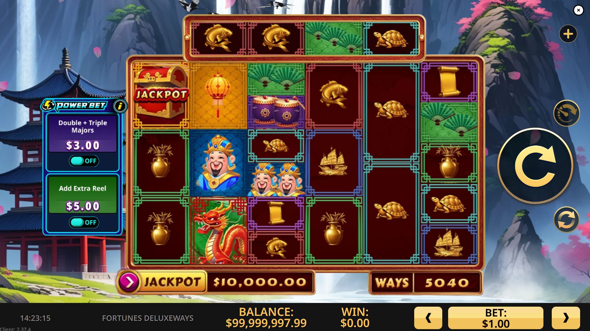 The base game grid of Fortune's DeluxeWays slot, showing the 6x5 layout and Power Bet options on the side.