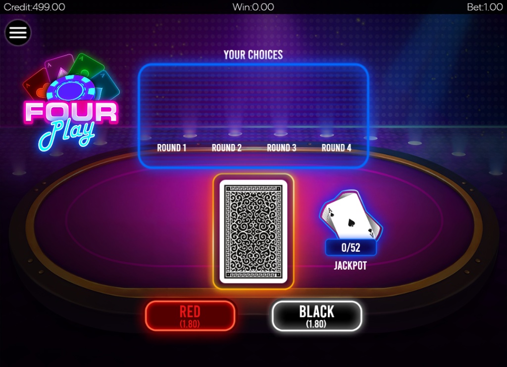 Four Play slot main interface showing the central card deck, round progress bar, and red/black betting options with neon aesthetics.