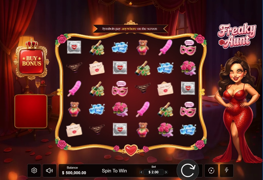 reaky Aunt slot base game interface showing 6x5 grid and naughty symbols like pink toys and condoms.