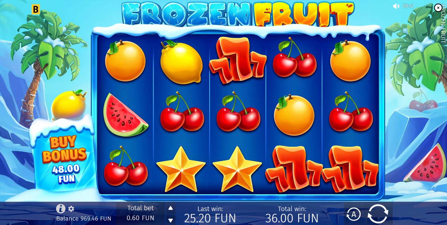 The 5x3 reel layout of the Frozen Fruit slot by BGaming, showcasing the classic fruit symbols and the Buy Bonus option on the left.
