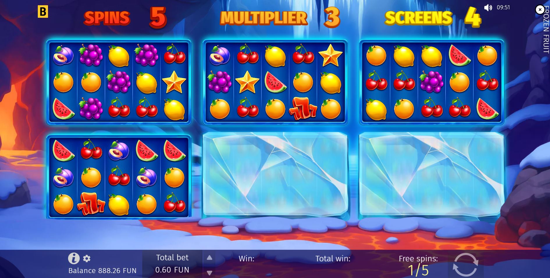 The free spins bonus round in Frozen Fruit in action with four active reel screens spinning simultaneously.